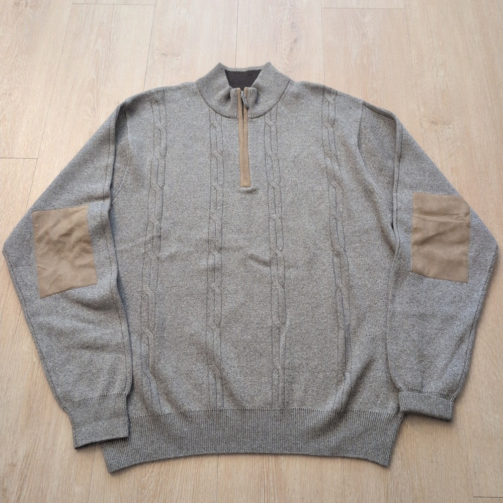 Alex Cannon Mens Large Quarter Zip Cable Knit Sweater Elbow Patches Tan Cotton